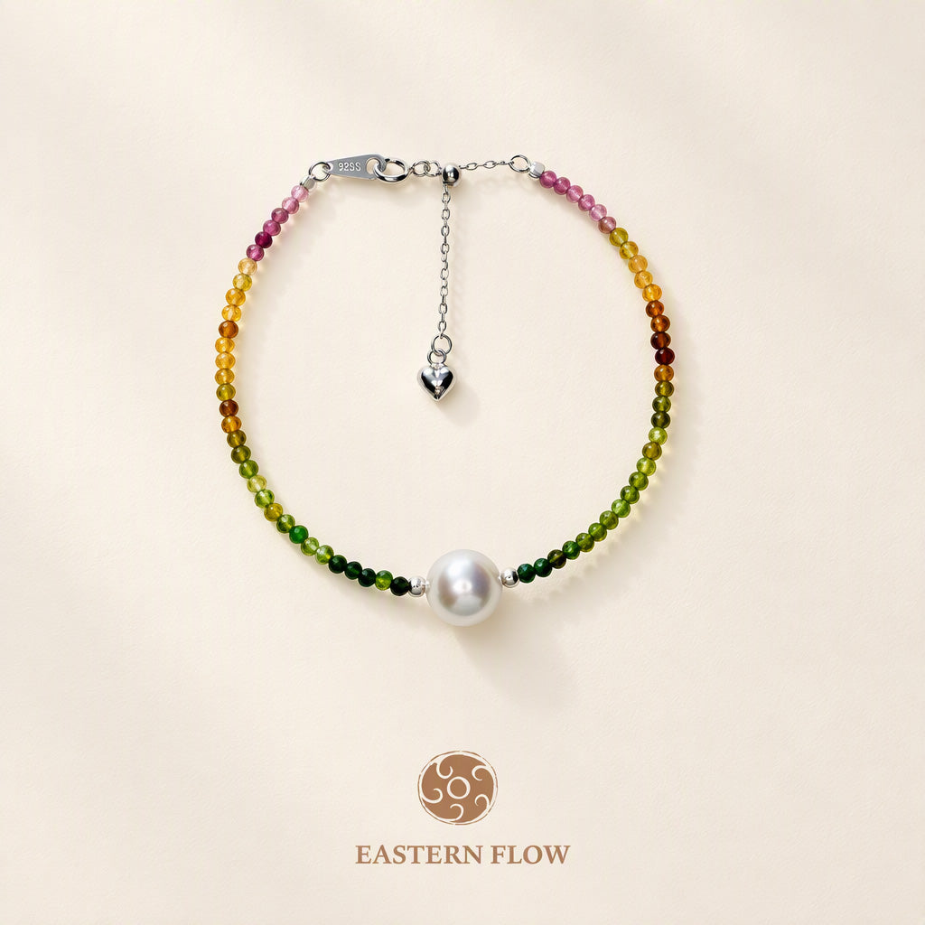 The Flow of Wood: Gradient Tourmaline & 9-10mm  Pearl S925 Bracelet