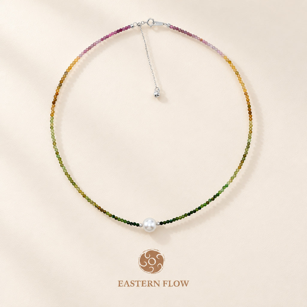 The Flow of Wood: Natural Pearl & Vibrant Tourmaline Necklace