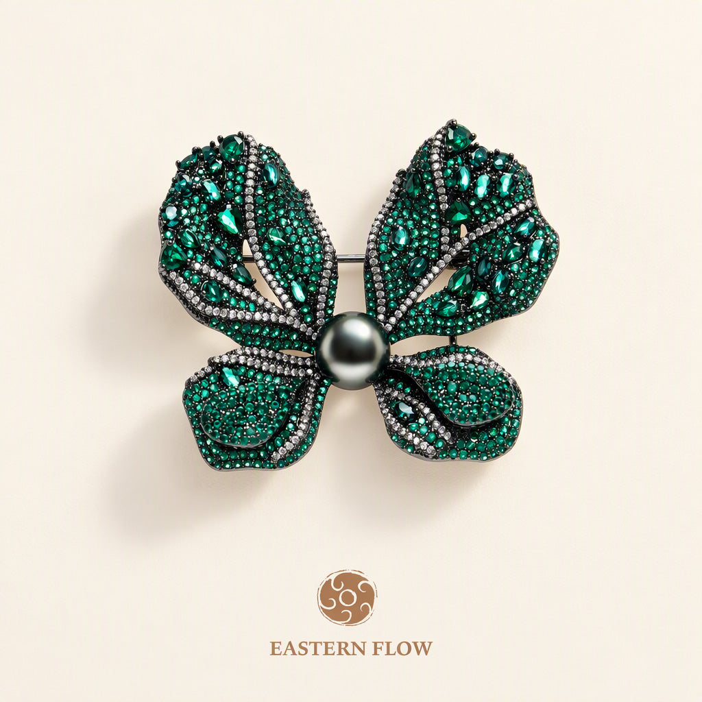 The Flow of Wood: Emerald Green & Tahitian Black Pearl Butterfly Brooch