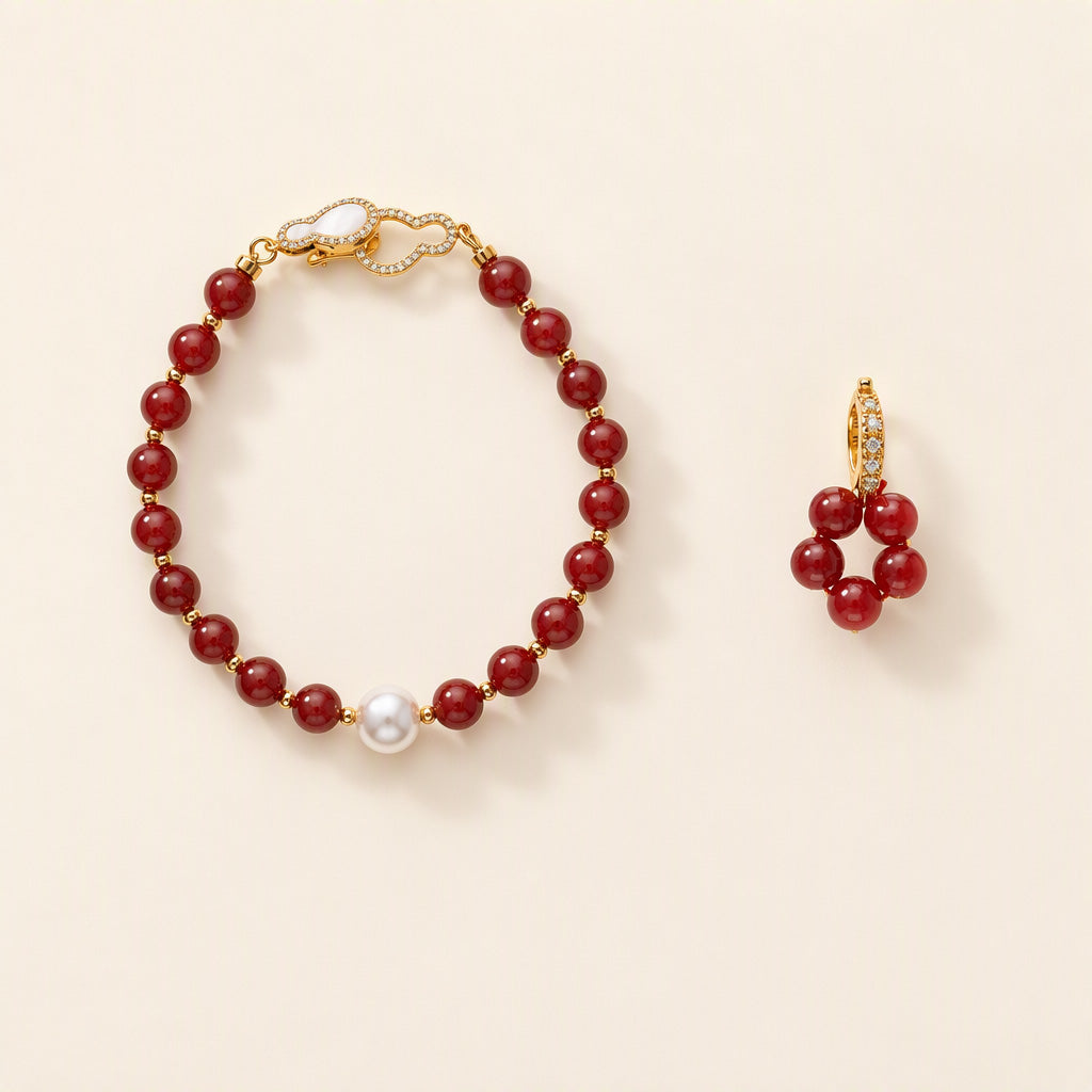 Der Fluss des Feuers: Nanhong-Rotachat-Perlenarmband und florales Ohrring-Set