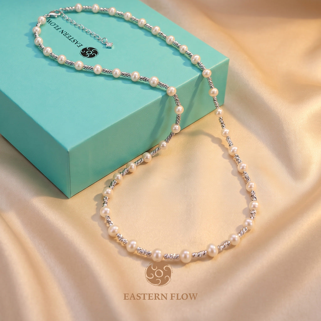 The Essence Series: Natural Pearl & Diamond-Cut Silver Choker