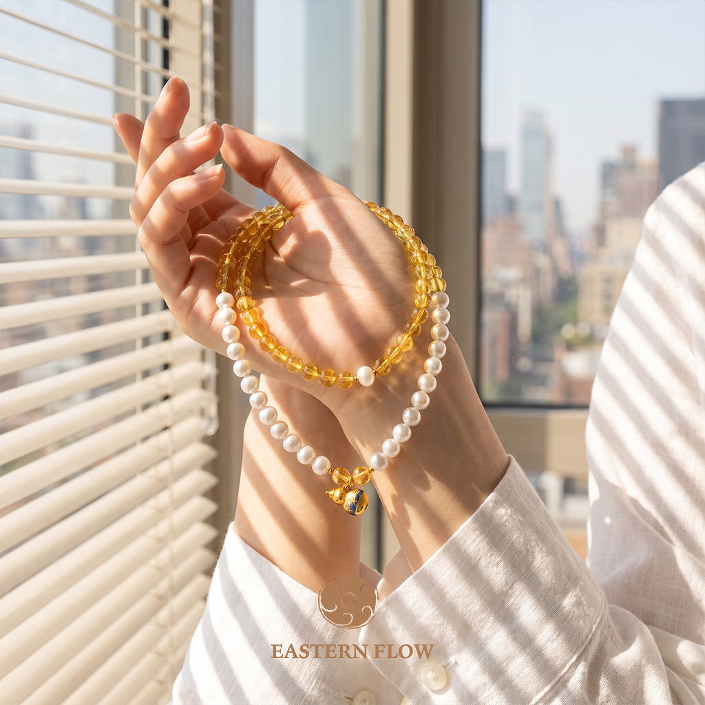 The Flow of Earth: Natural Freshwater Pearl & Citrine Double-Layer Bracelet