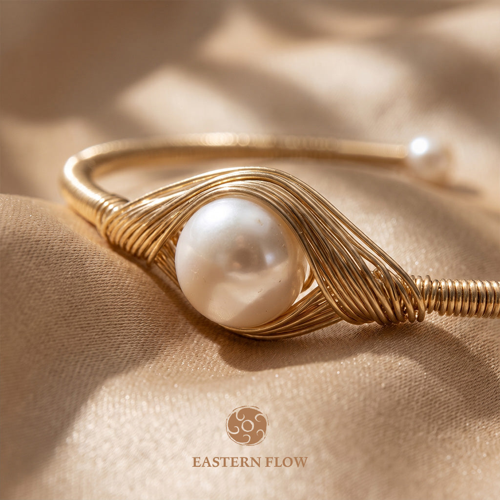 The Flow of Metal: Single Natural Freshwater Pearl Cuff Bangle