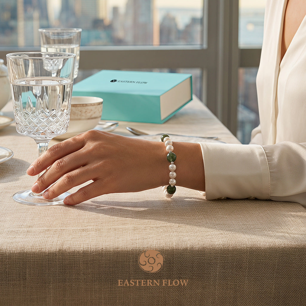 The Flow of Wood: Natural Freshwater Pearl & Green Rutilated Quartz Bracelet