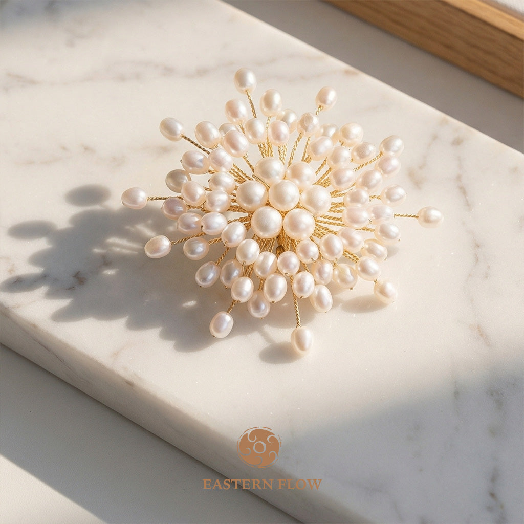 The Flow of Metal: Handwoven Natural Freshwater Pearl Brooch