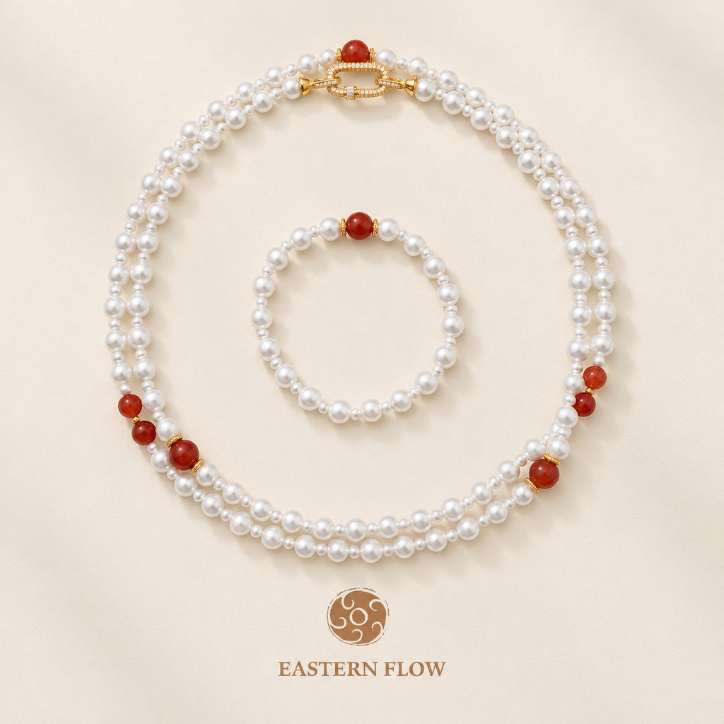 The Flow of Fire: Natural Freshwater Pearl Necklace & Bracelet Set