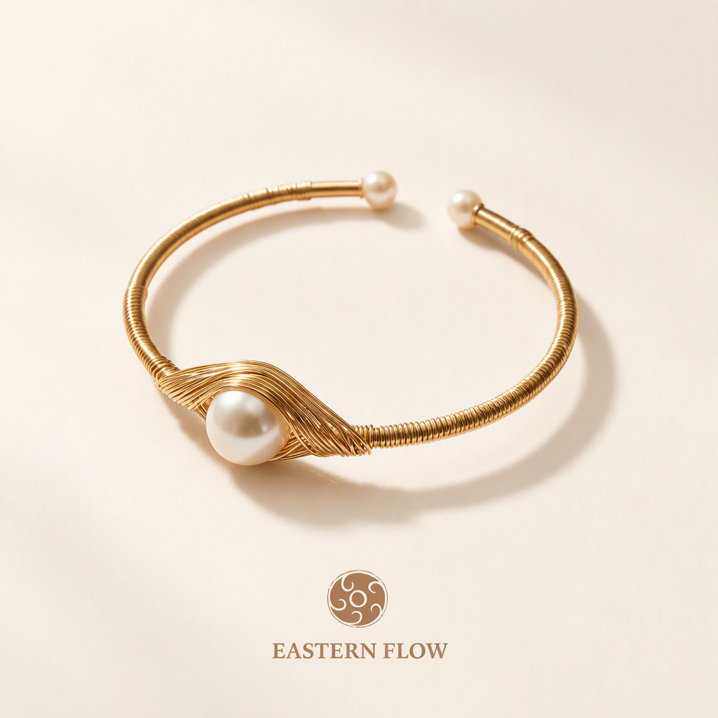 The Flow of Metal: Single Natural Freshwater Pearl Cuff Bangle