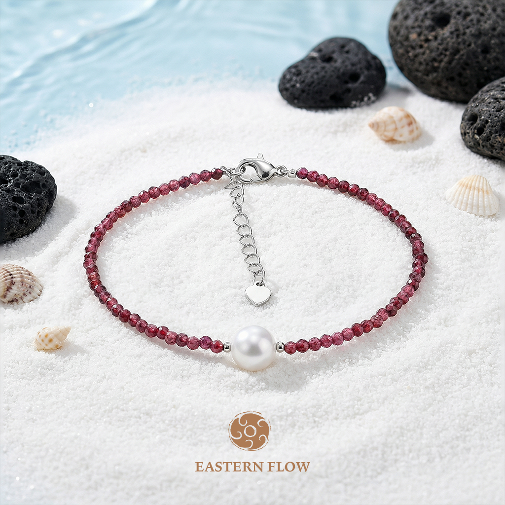 The Flow of Water: Alloy Freshwater Pearl & Garnet Bracelet