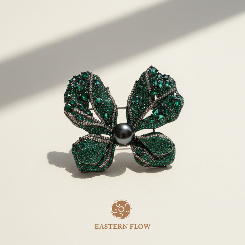 The Flow of Wood: Emerald Green & Tahitian Black Pearl Butterfly Brooch