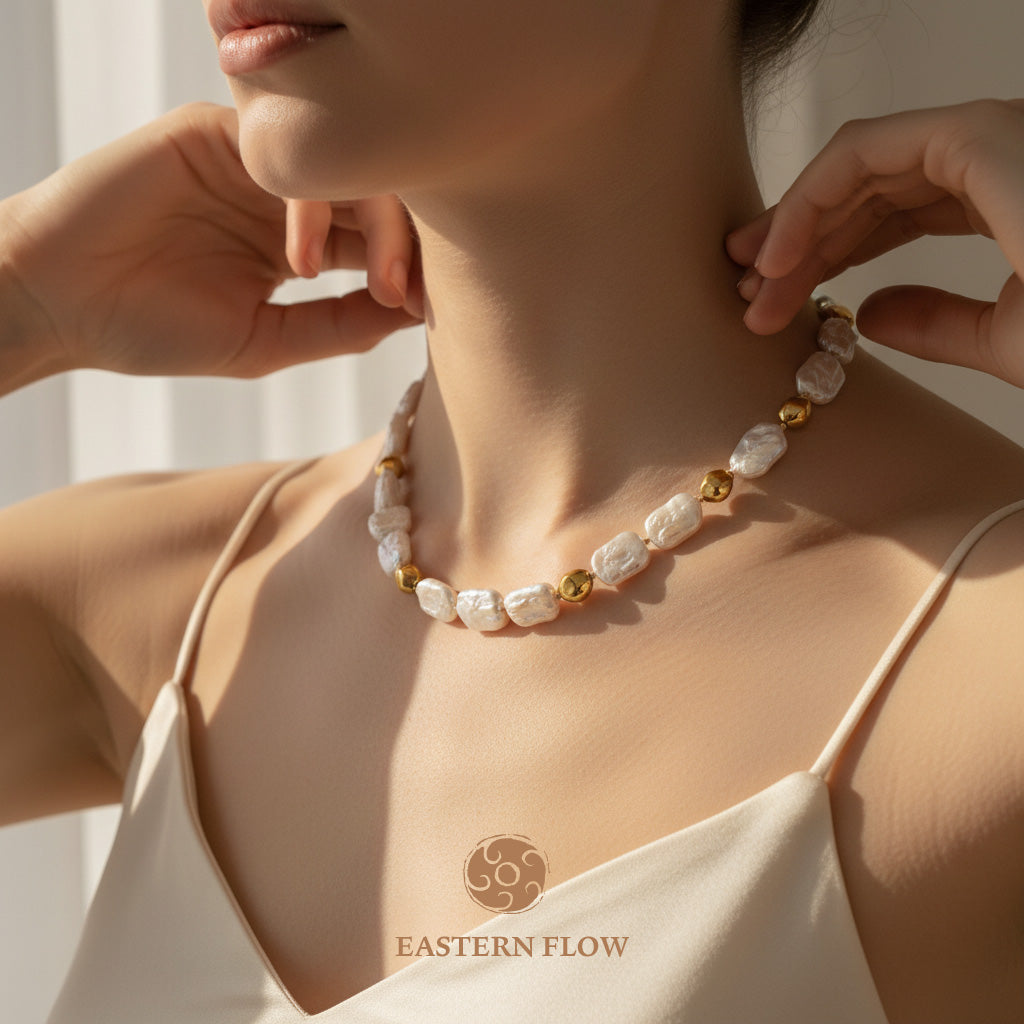 The Flow of Metal: Natural Freshwater Baroque Pearl Necklace