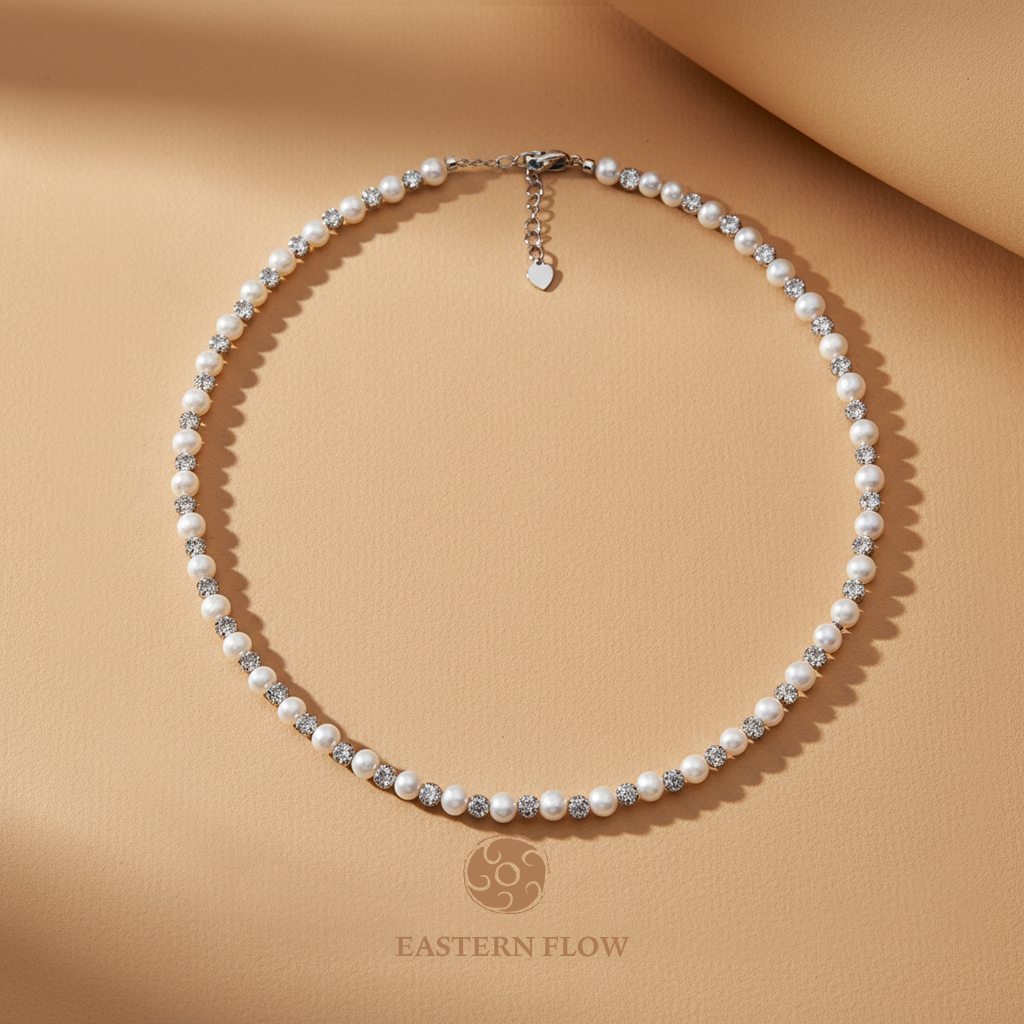 The Flow of Metal: Natural Freshwater Pearl Necklace