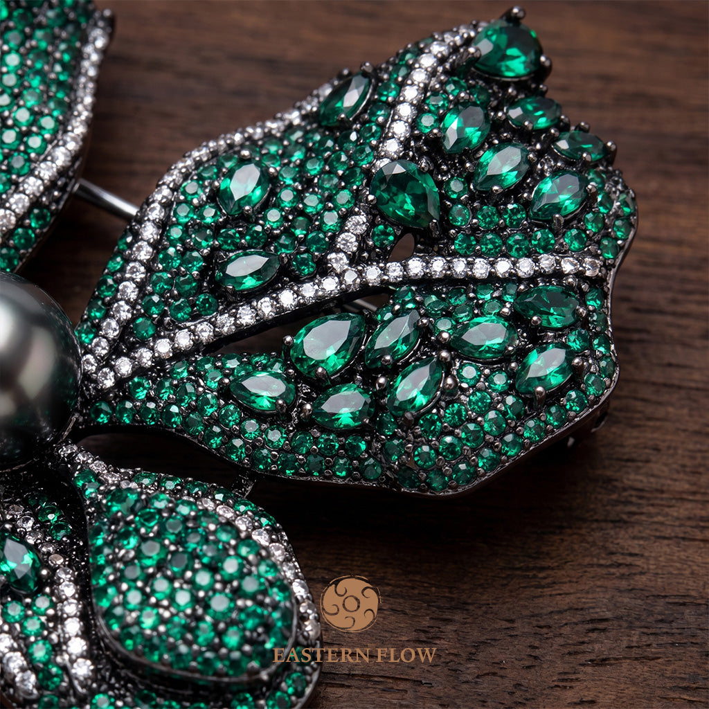 The Flow of Wood: Emerald Green & Tahitian Black Pearl Butterfly Brooch