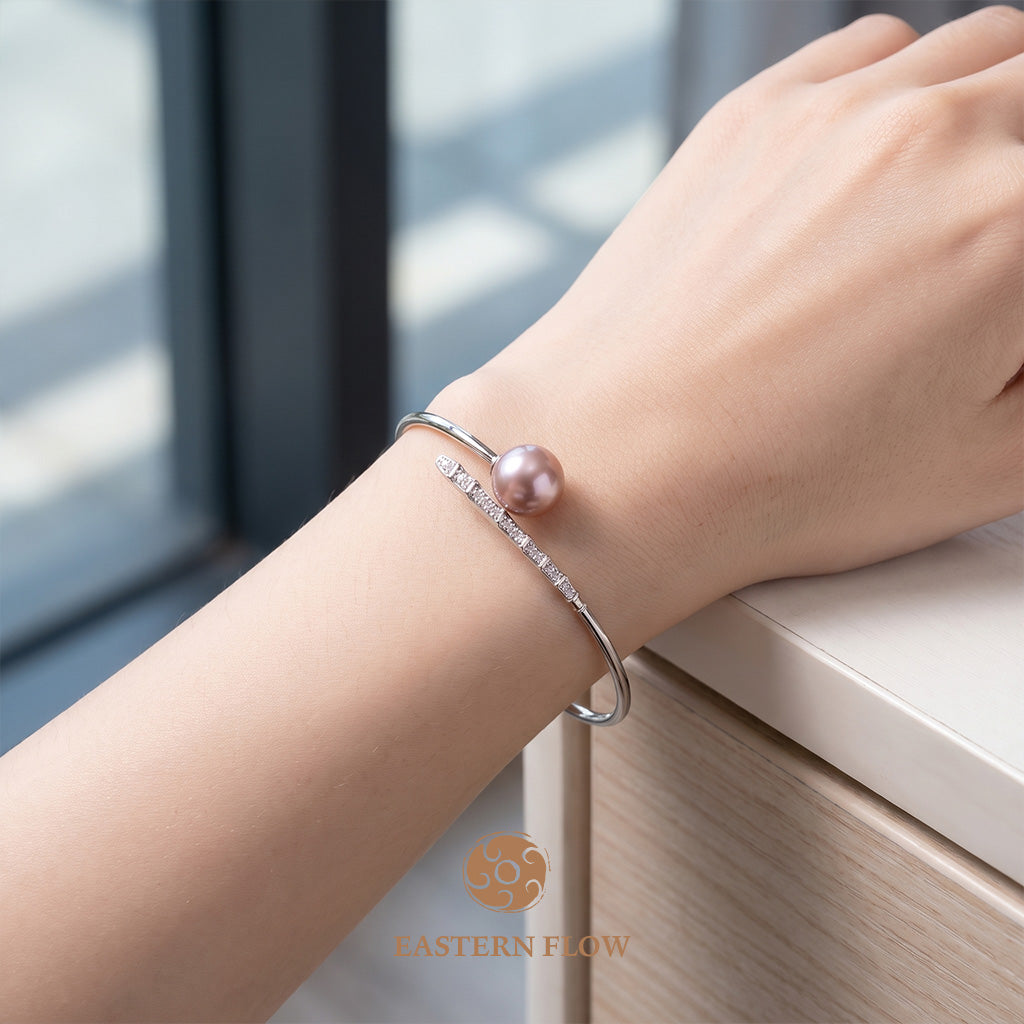 The Flow of Fire: Natural Purple Freshwater Pearl Open Bangle