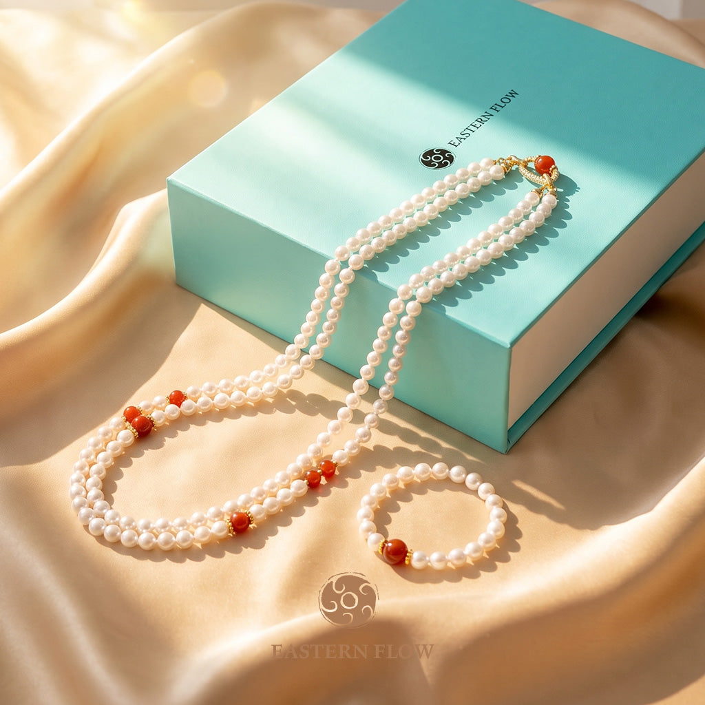 The Flow of Fire: Natural Freshwater Pearl Necklace & Bracelet Set