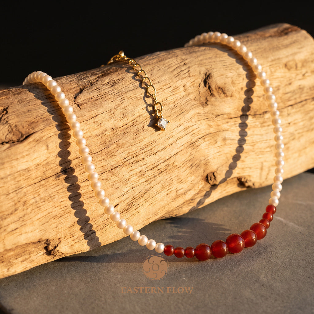 The Flow of Fire: Natural Freshwater Pearl & Red Agate Necklace