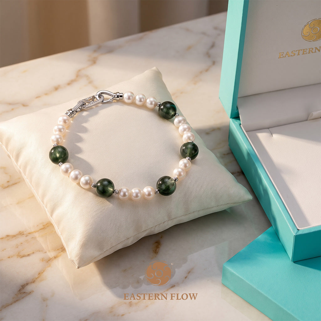 The Flow of Wood: Natural Freshwater Pearl & Green Rutilated Quartz Bracelet