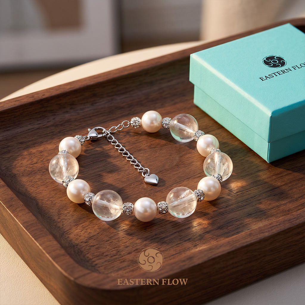 The Flow of Metal: Natural Round Freshwater Pearl & White Quartz Bracelet
