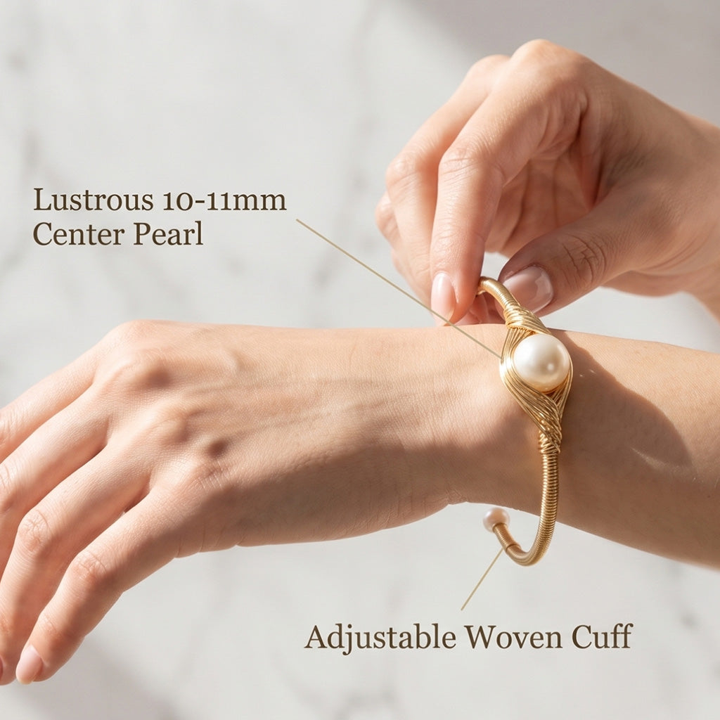 The Flow of Metal: Single Natural Freshwater Pearl Cuff Bangle