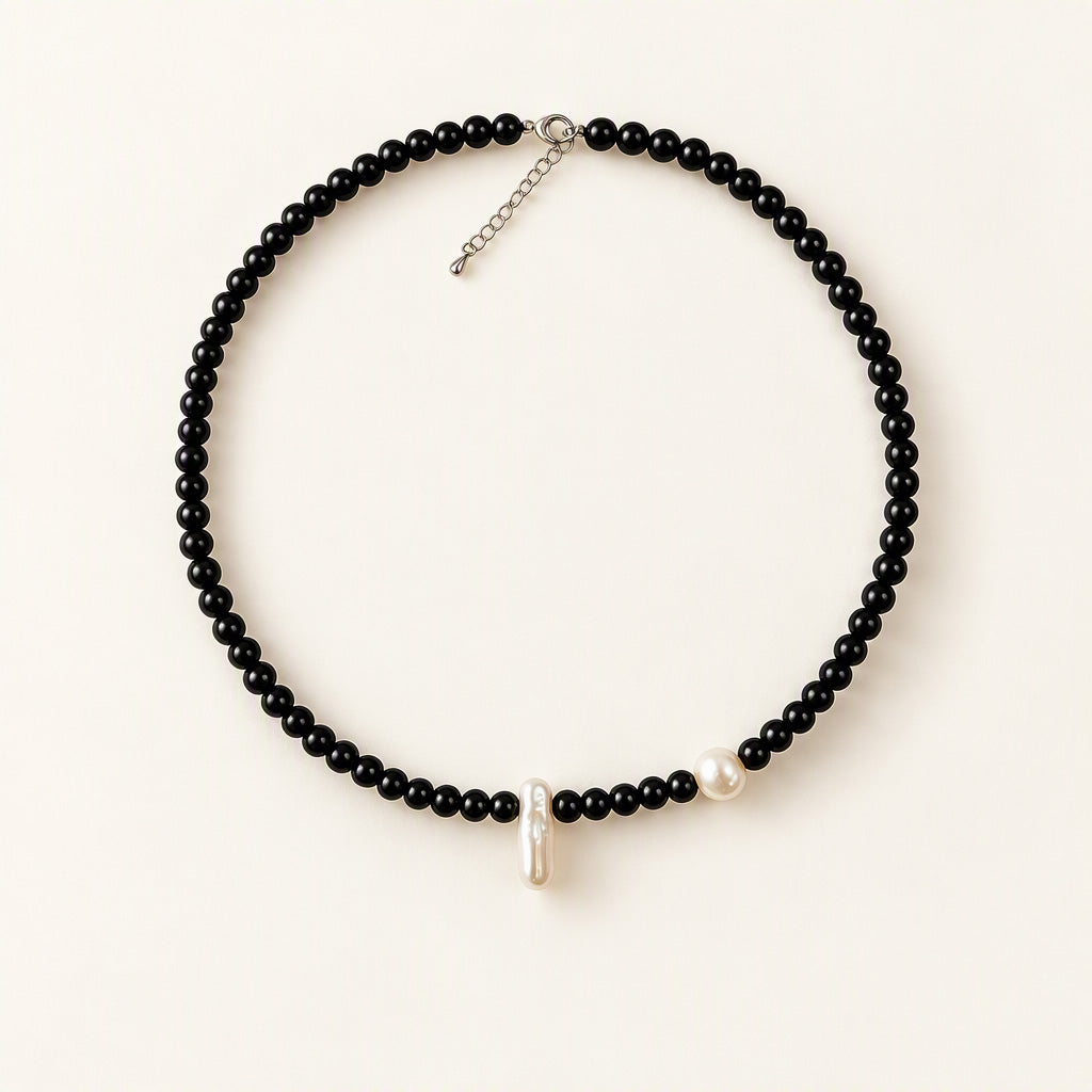 The Flow of Water: Asymmetric Black Obsidian & Dual Baroque Pearl S925 Necklace