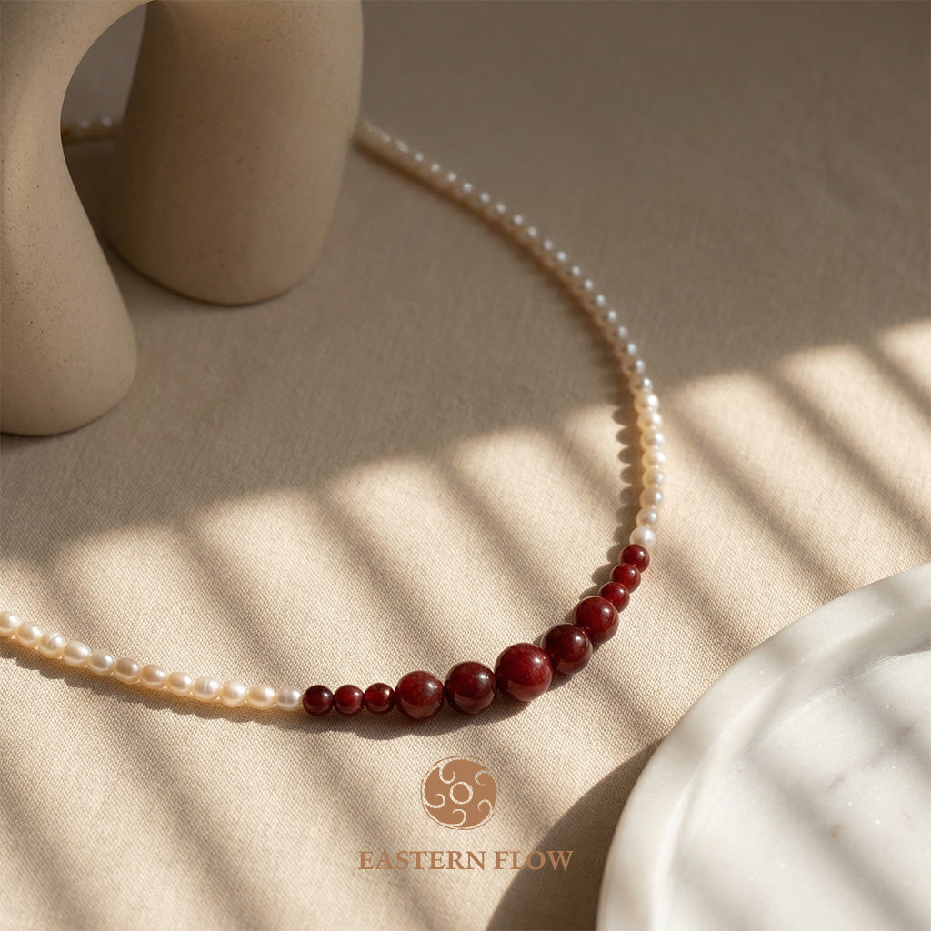 The Flow of Fire: Natural Freshwater Pearl & Red Agate Necklace