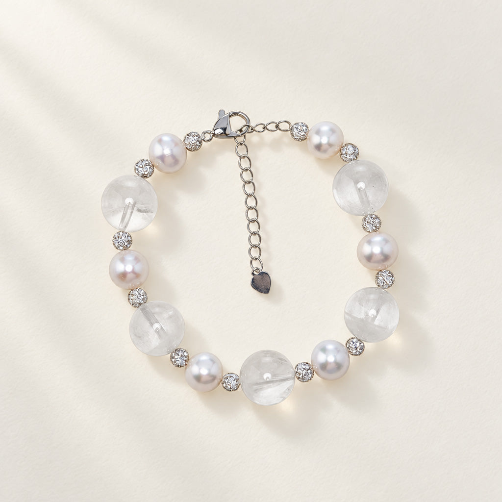 The Flow of Metal: Natural Round Freshwater Pearl & White Quartz Bracelet