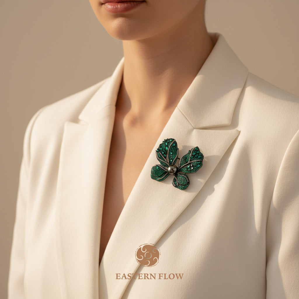 The Flow of Wood: Emerald Green & Tahitian Black Pearl Butterfly Brooch