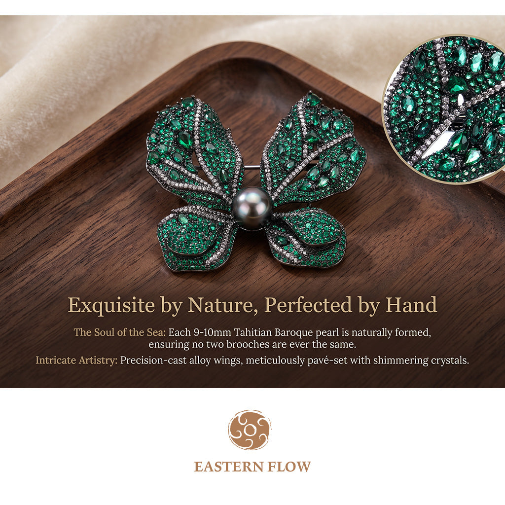 The Flow of Wood: Emerald Green & Tahitian Black Pearl Butterfly Brooch