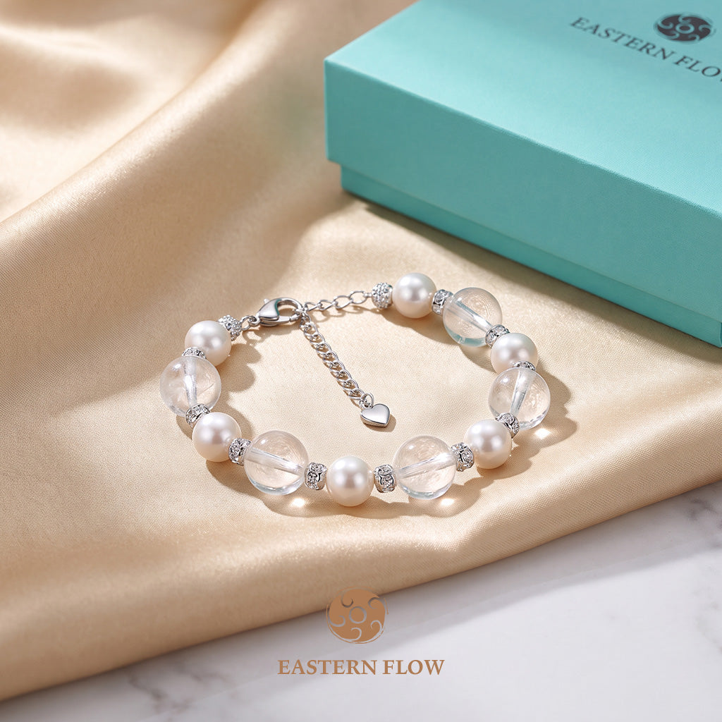 The Flow of Metal: Natural Round Freshwater Pearl & White Quartz Bracelet