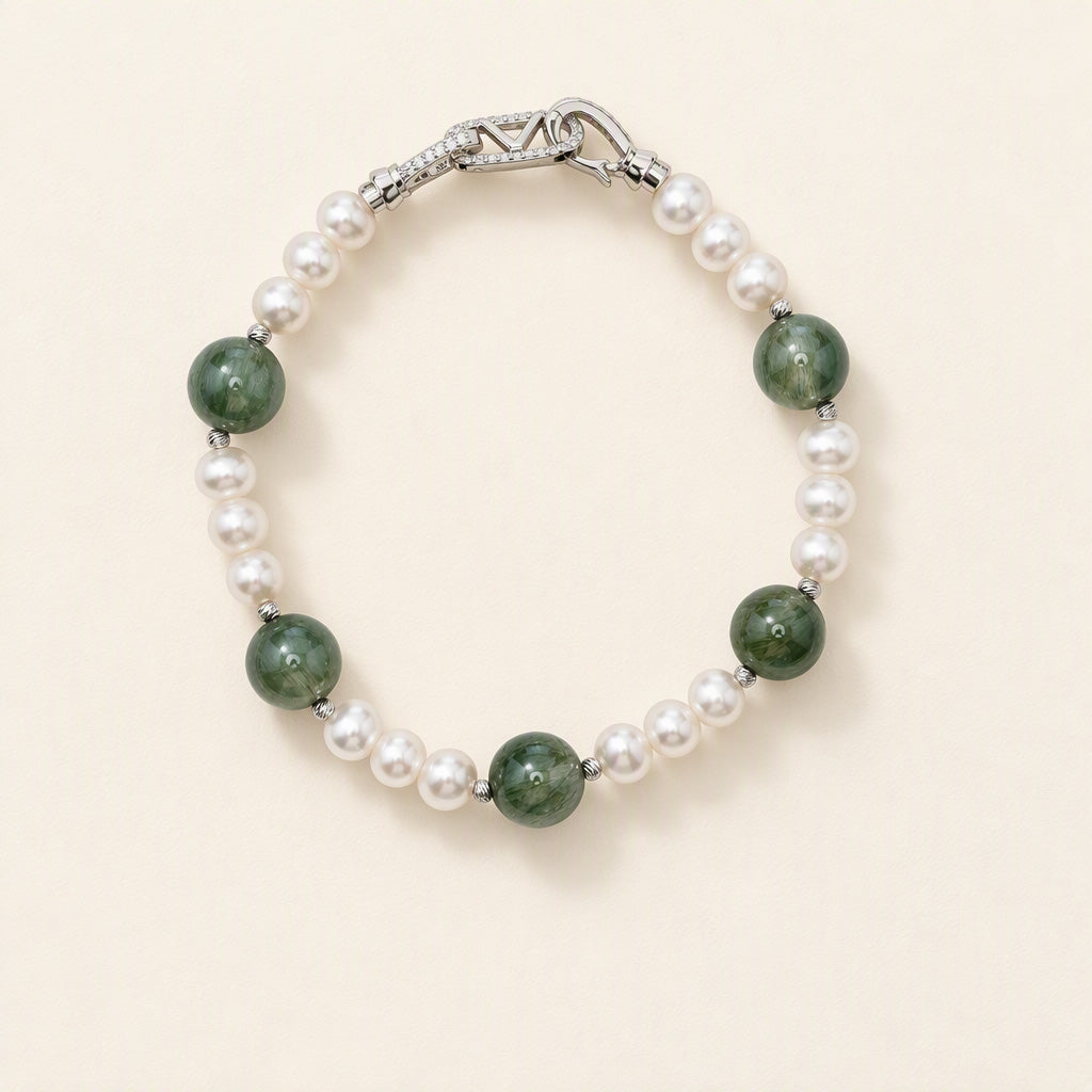 The Flow of Wood: Natural Freshwater Pearl & Green Rutilated Quartz Bracelet