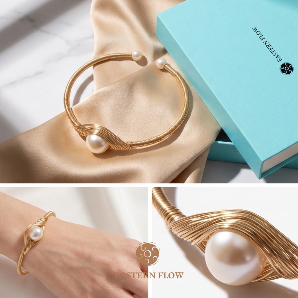 The Flow of Metal: Single Natural Freshwater Pearl Cuff Bangle