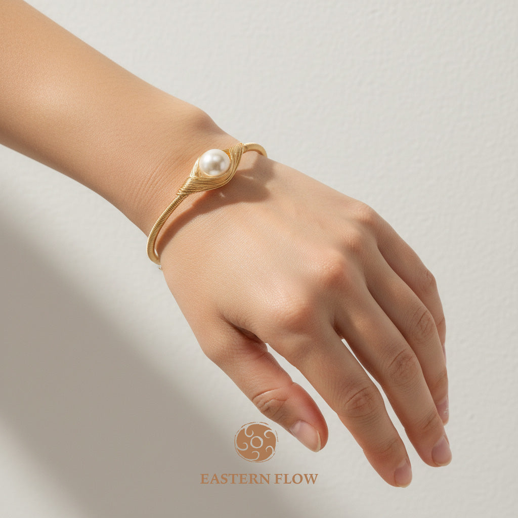 The Flow of Metal: Single Natural Freshwater Pearl Cuff Bangle