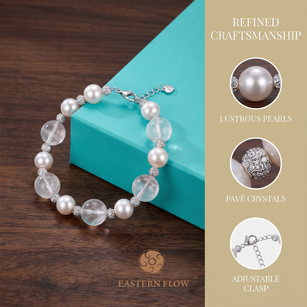 The Flow of Metal: Natural Round Freshwater Pearl & White Quartz Bracelet