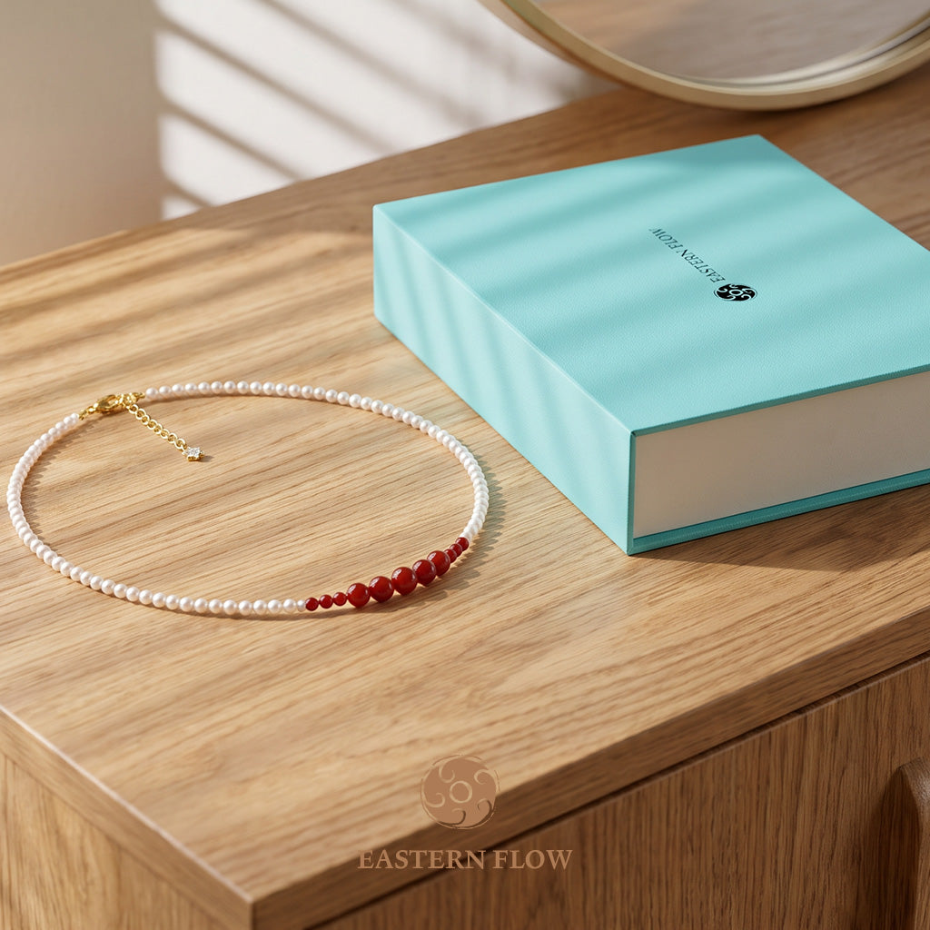 The Flow of Fire: Natural Freshwater Pearl & Red Agate Necklace