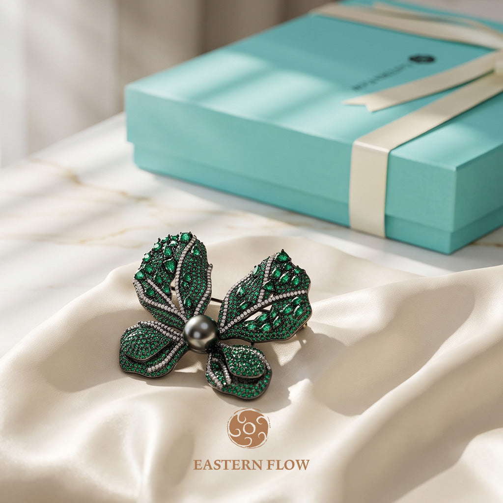The Flow of Wood: Emerald Green & Tahitian Black Pearl Butterfly Brooch