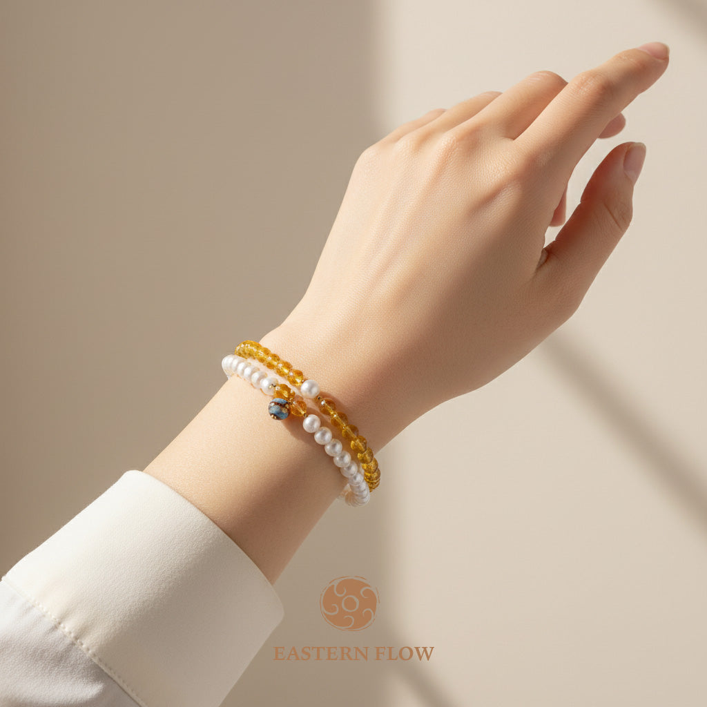 The Flow of Earth: Natural Freshwater Pearl & Citrine Double-Layer Bracelet