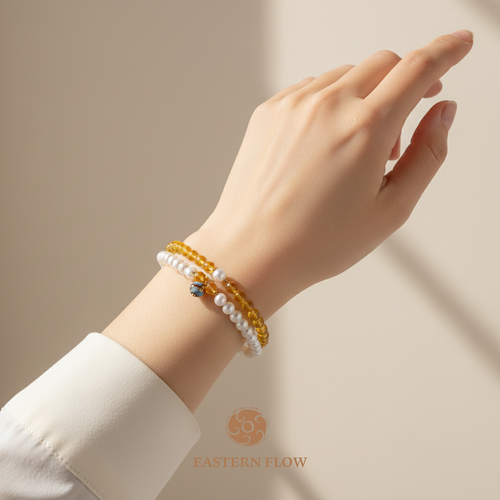 The Flow of Earth: S925 Silver Freshwater Pearl & Citrine Double Layer Bracelet