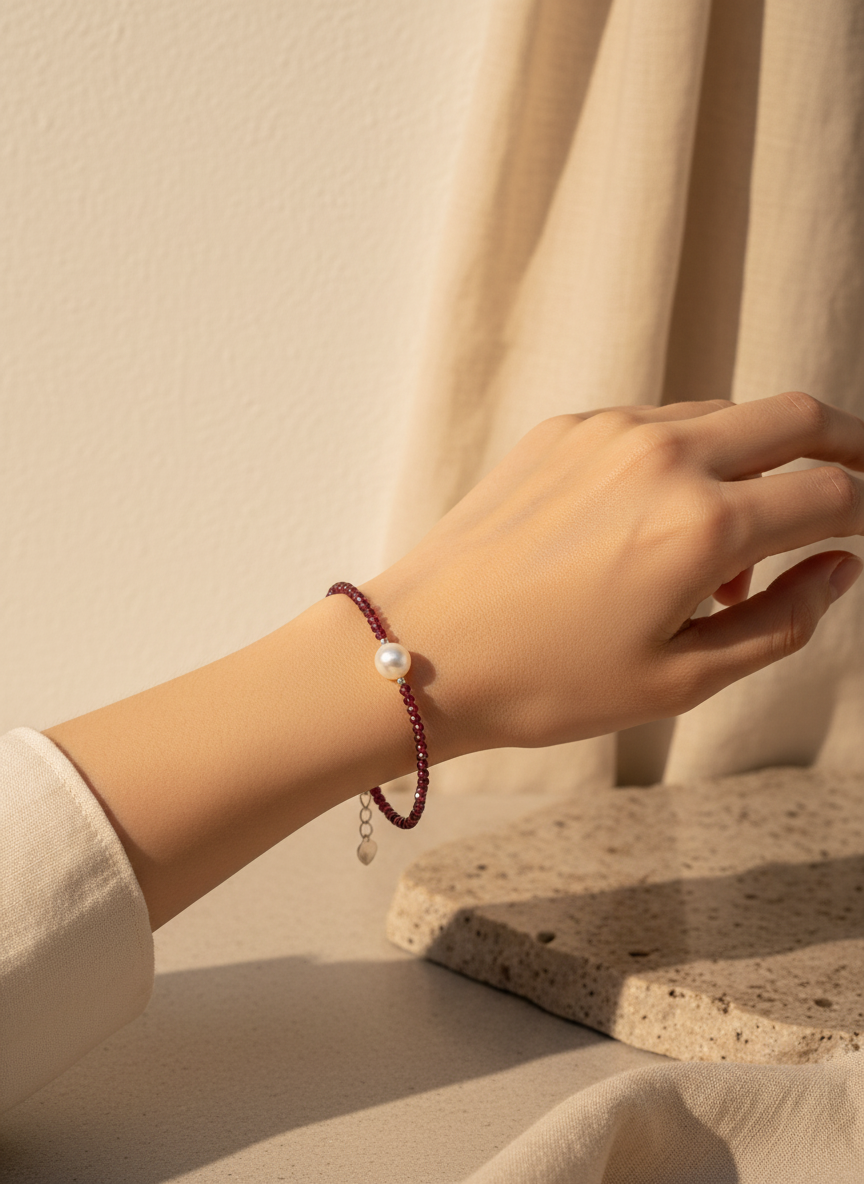 The Flow of Water: Alloy Freshwater Pearl & Garnet Bracelet