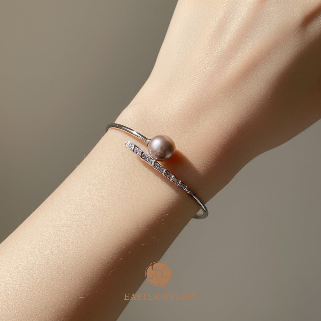 The Flow of Fire: Natural Purple Freshwater Pearl Open Bangle