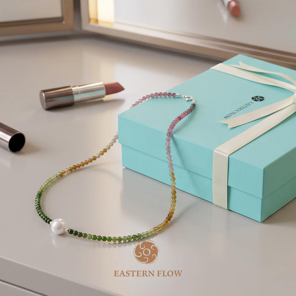 The Flow of Wood: Natural Pearl & Vibrant Tourmaline Necklace