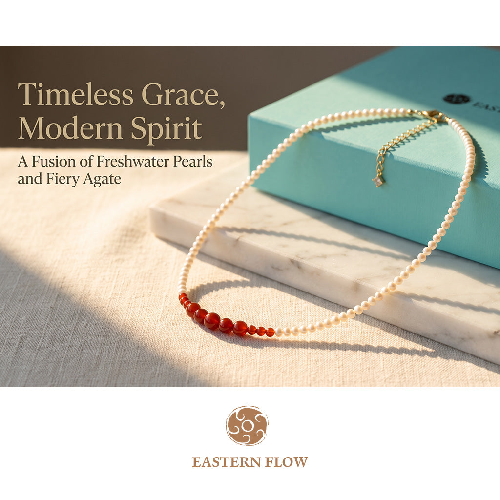 The Flow of Fire: Natural Freshwater Pearl & Red Agate Necklace