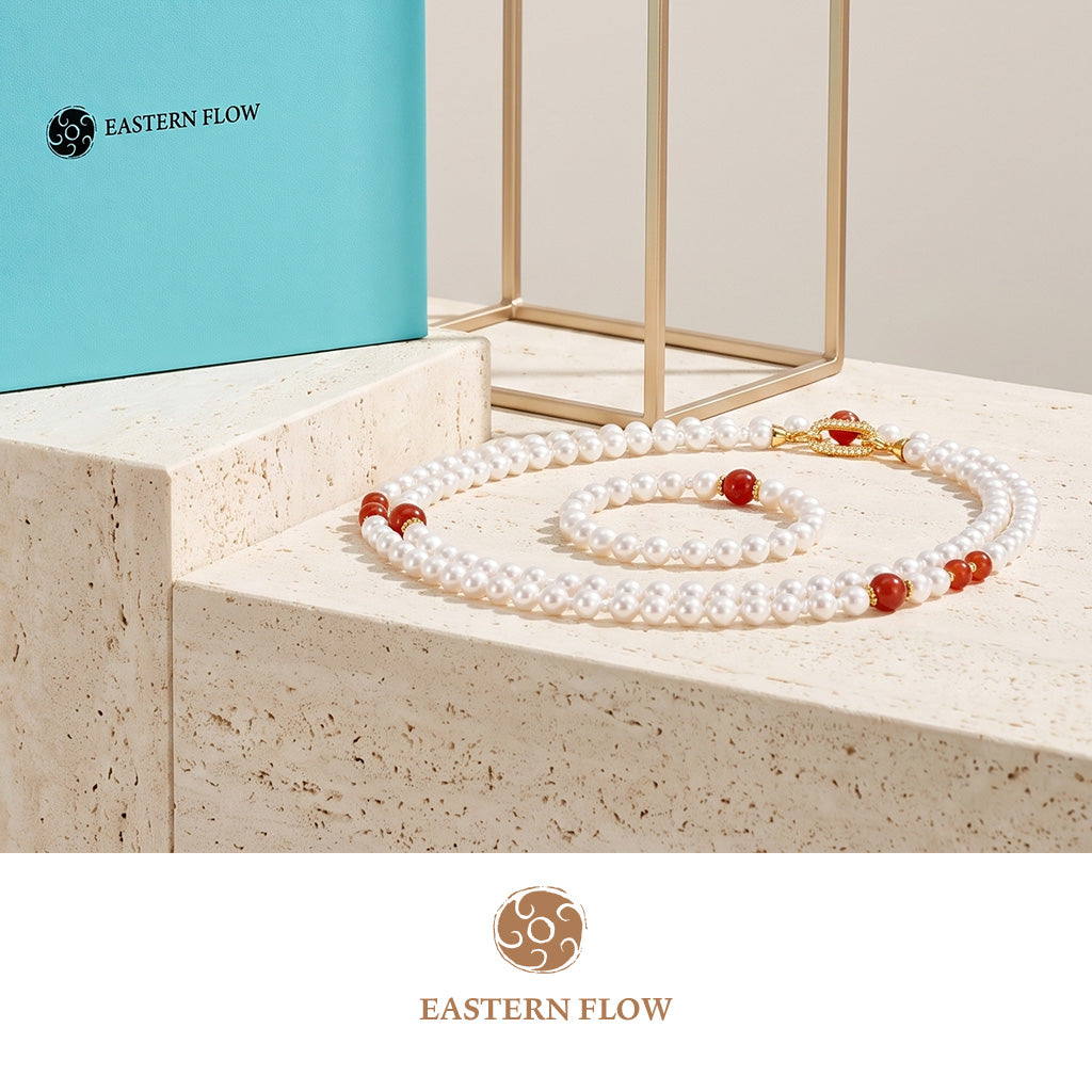 The Flow of Fire: Natural Freshwater Pearl Necklace & Bracelet Set