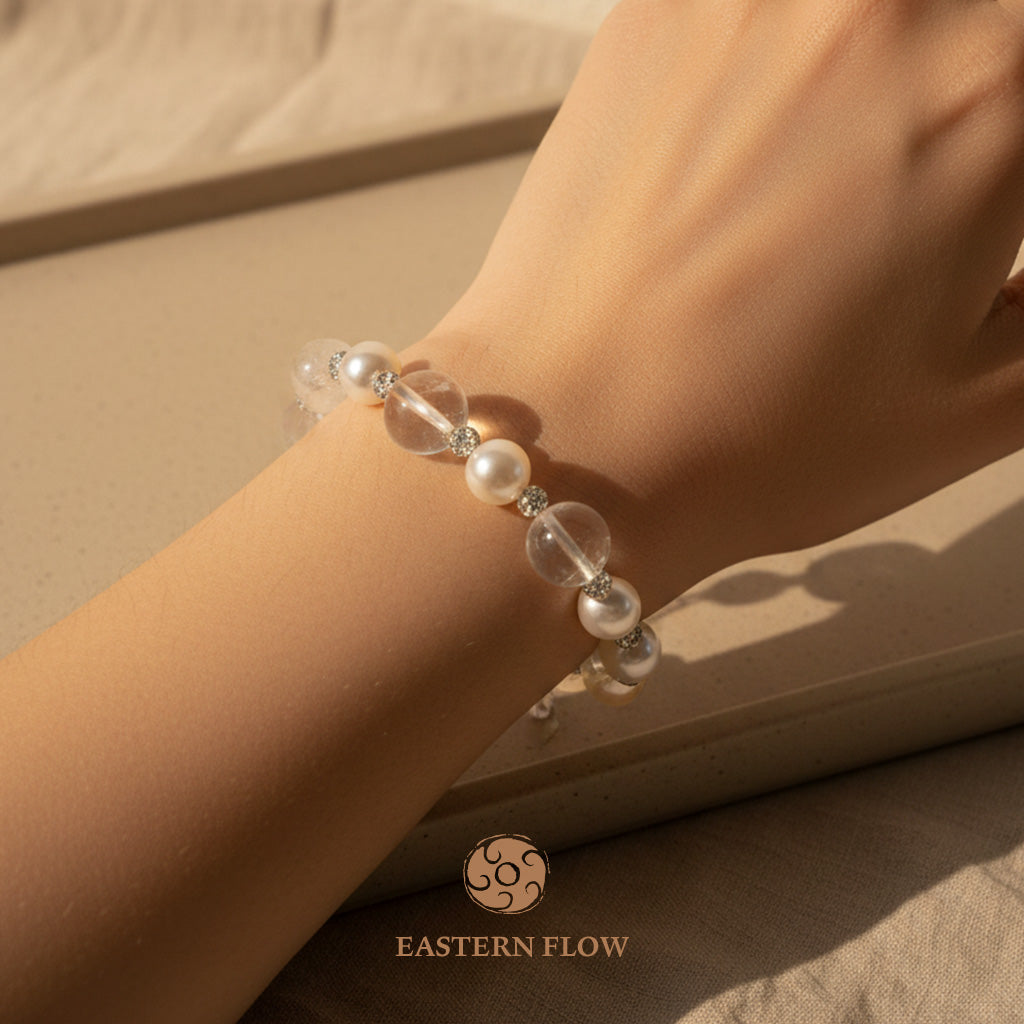 The Flow of Metal: Natural Round Freshwater Pearl & White Quartz Bracelet