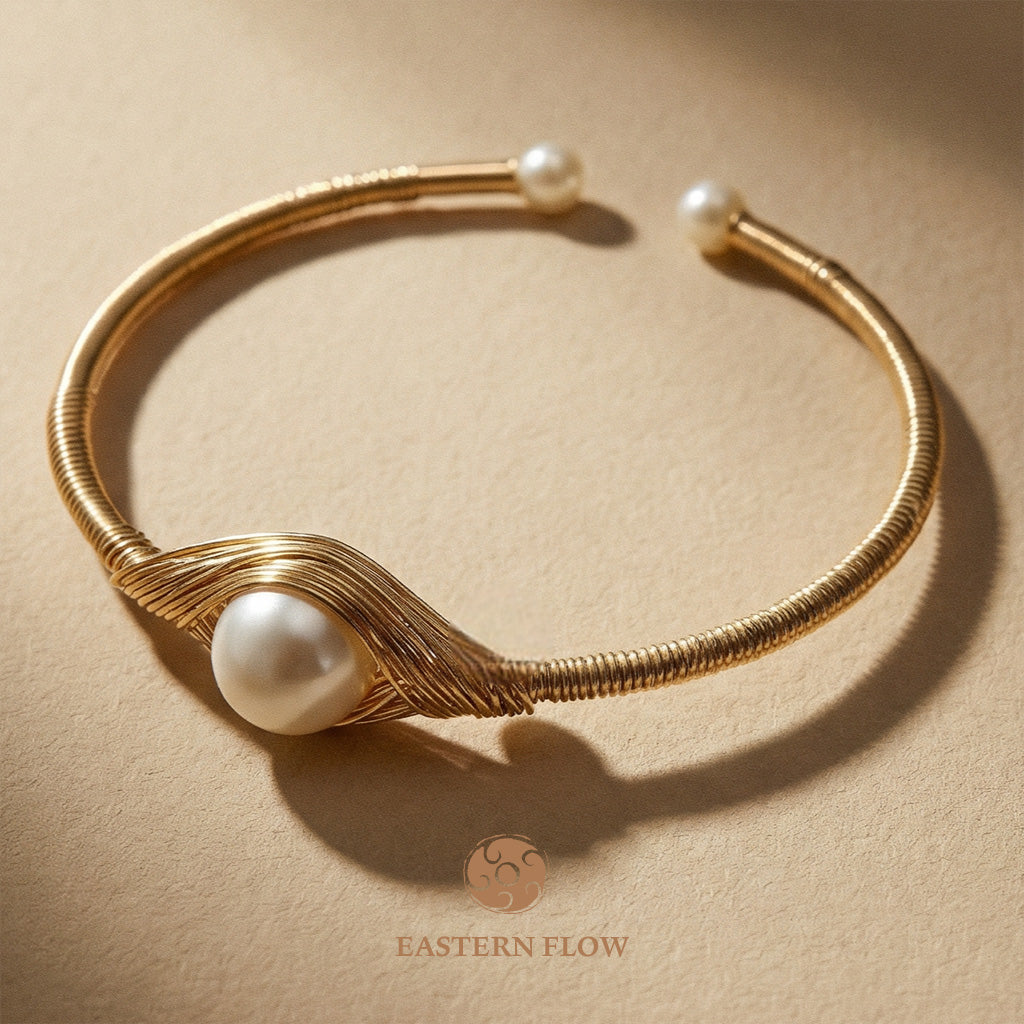 The Flow of Metal: Single Natural Freshwater Pearl Cuff Bangle