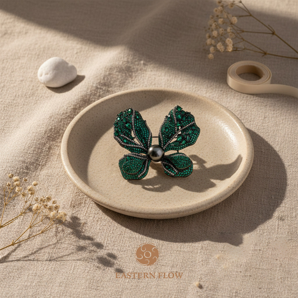 The Flow of Wood: Emerald Green & Tahitian Black Pearl Butterfly Brooch