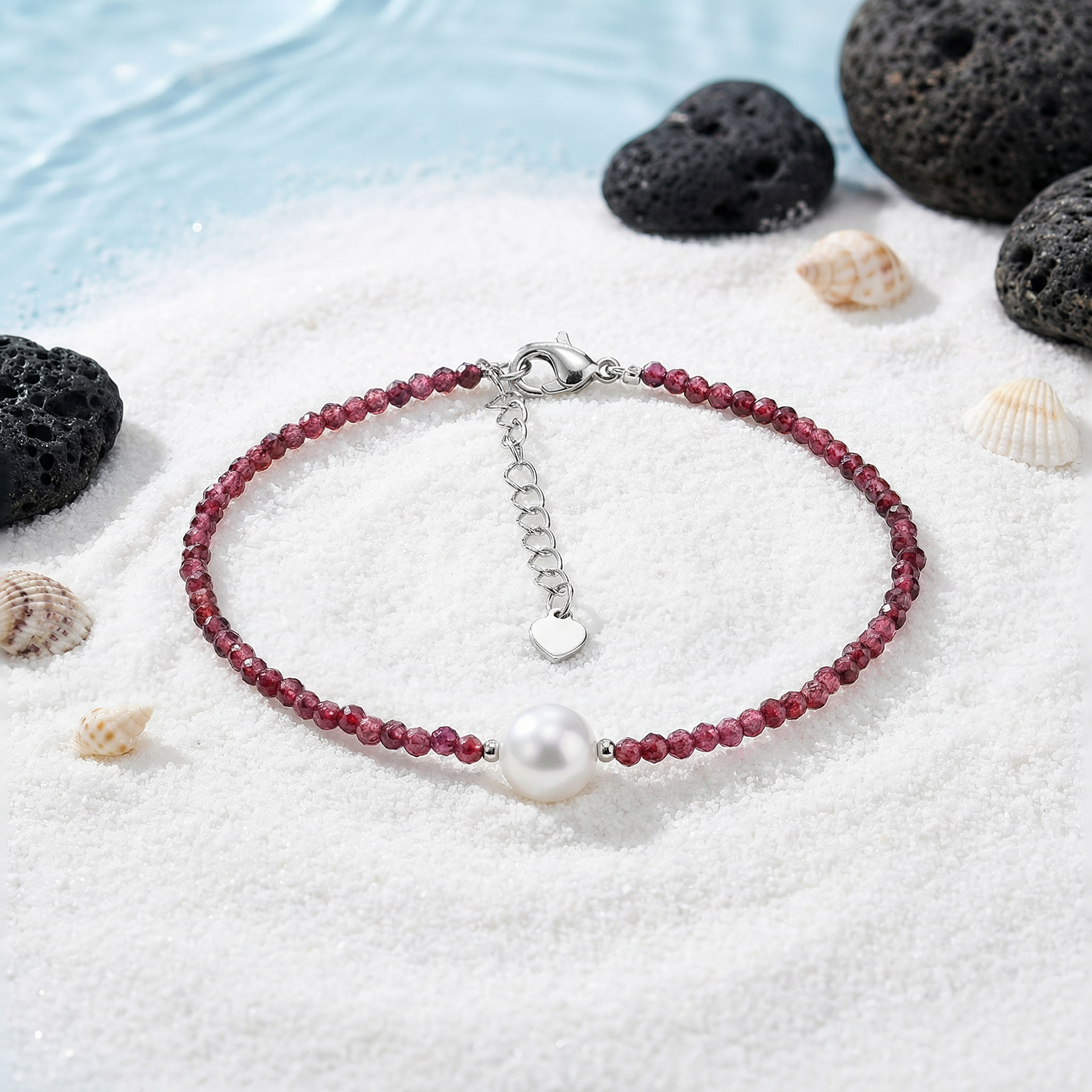 The Flow of Water: Alloy Freshwater Pearl & Garnet Bracelet