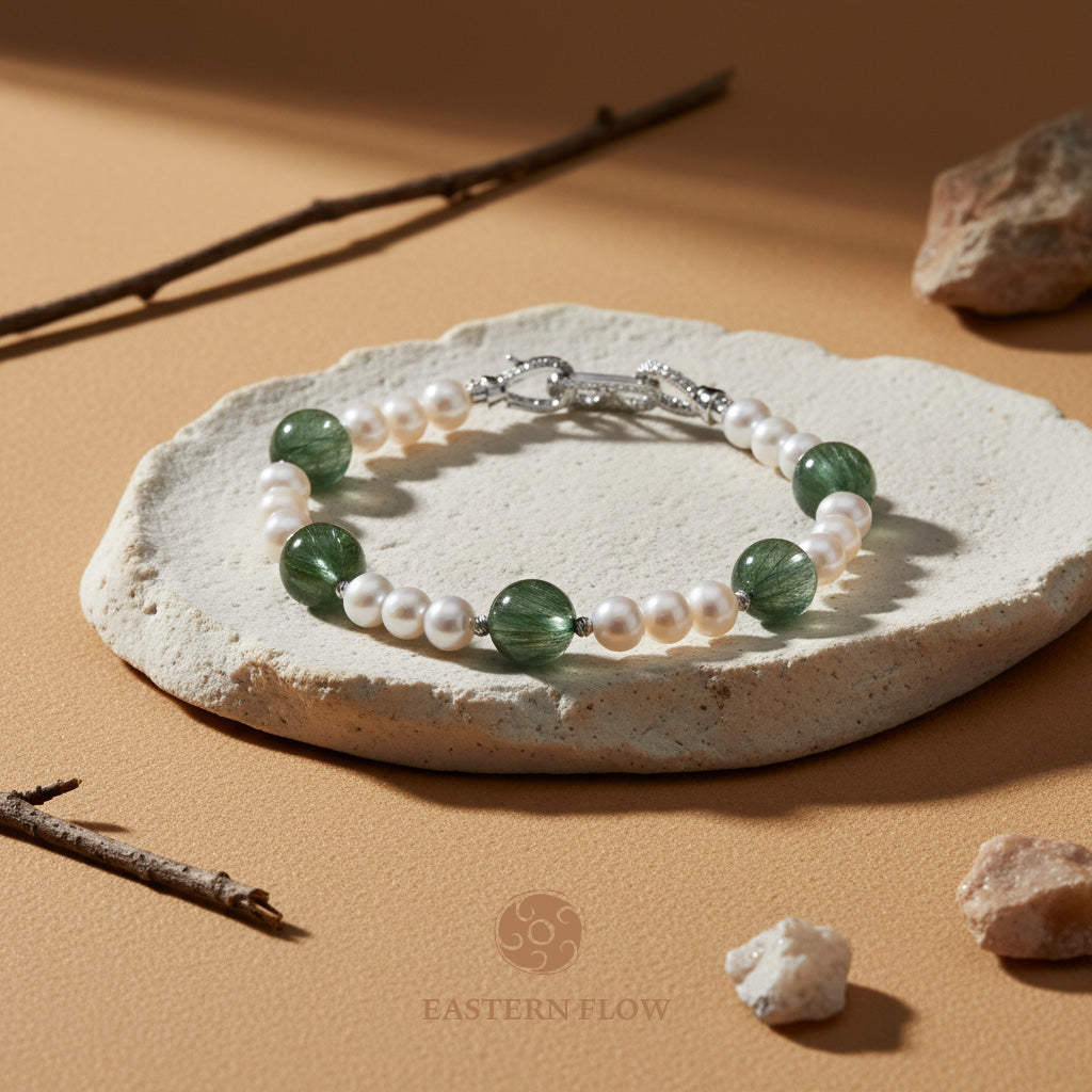 The Flow of Wood: Natural Freshwater Pearl & Green Rutilated Quartz Bracelet
