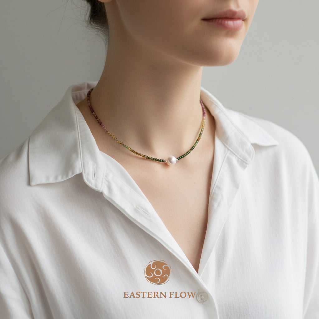 The Flow of Wood: Natural Pearl & Vibrant Tourmaline Necklace