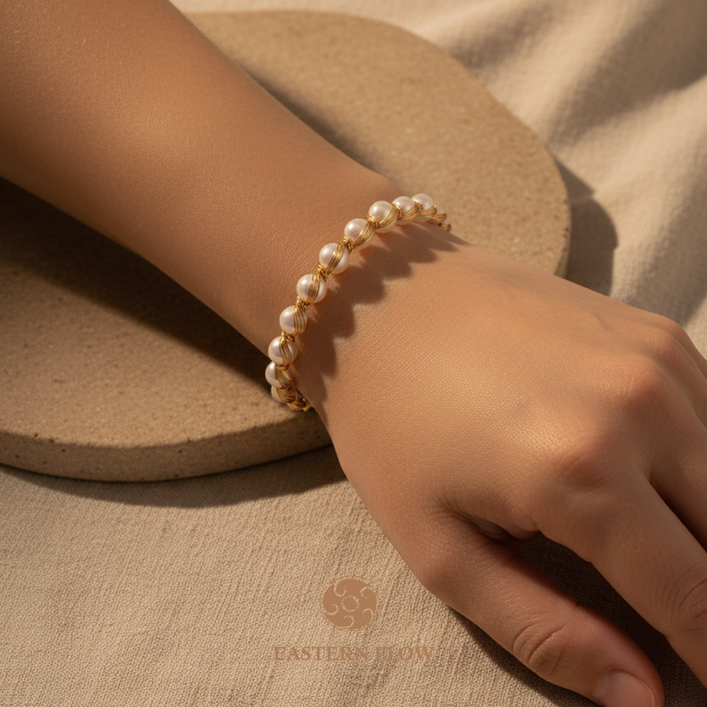 The Flow of Metal: Handwoven Alloy & Freshwater Pearl Bangle