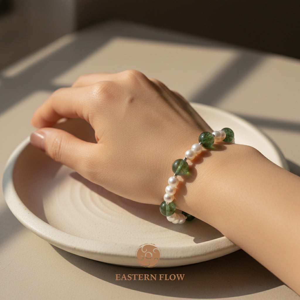 The Flow of Wood: Natural Freshwater Pearl & Green Rutilated Quartz Bracelet