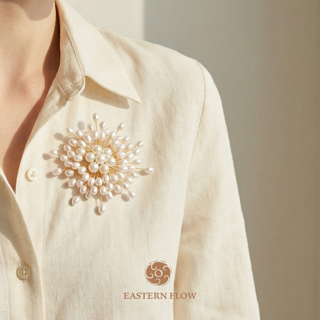 The Flow of Metal: Handwoven Natural Freshwater Pearl Brooch